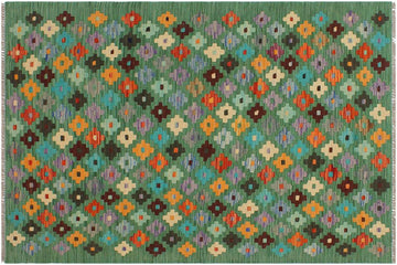 Flat Weave Kilim, Antique, Navaho, Vintage, Handmade, Modern Kilim Green Blue Hand-Woven Rectangle 100% Wool Area Rug 3 x 4